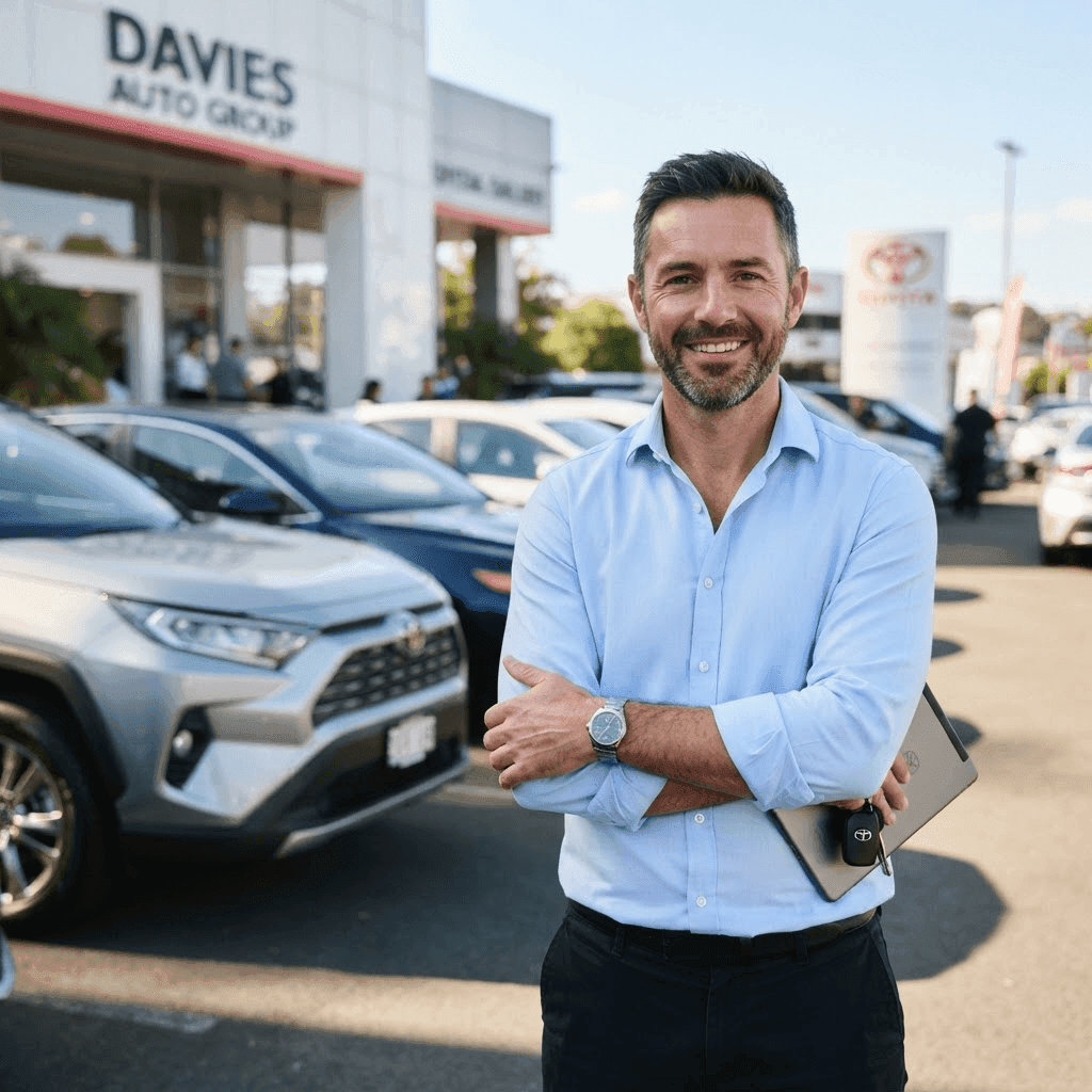 Car dealership owner standing in front of new vehicles on the lot