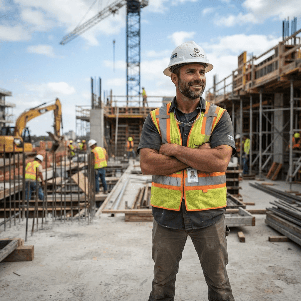 Construction company owner in a safety vest at a building site