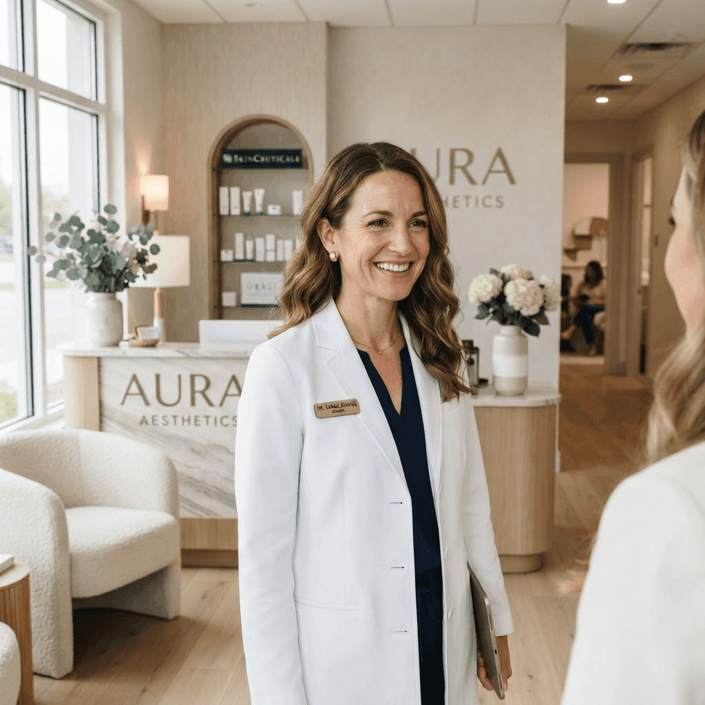 Medspa owner in a white coat in a modern aesthetic clinic