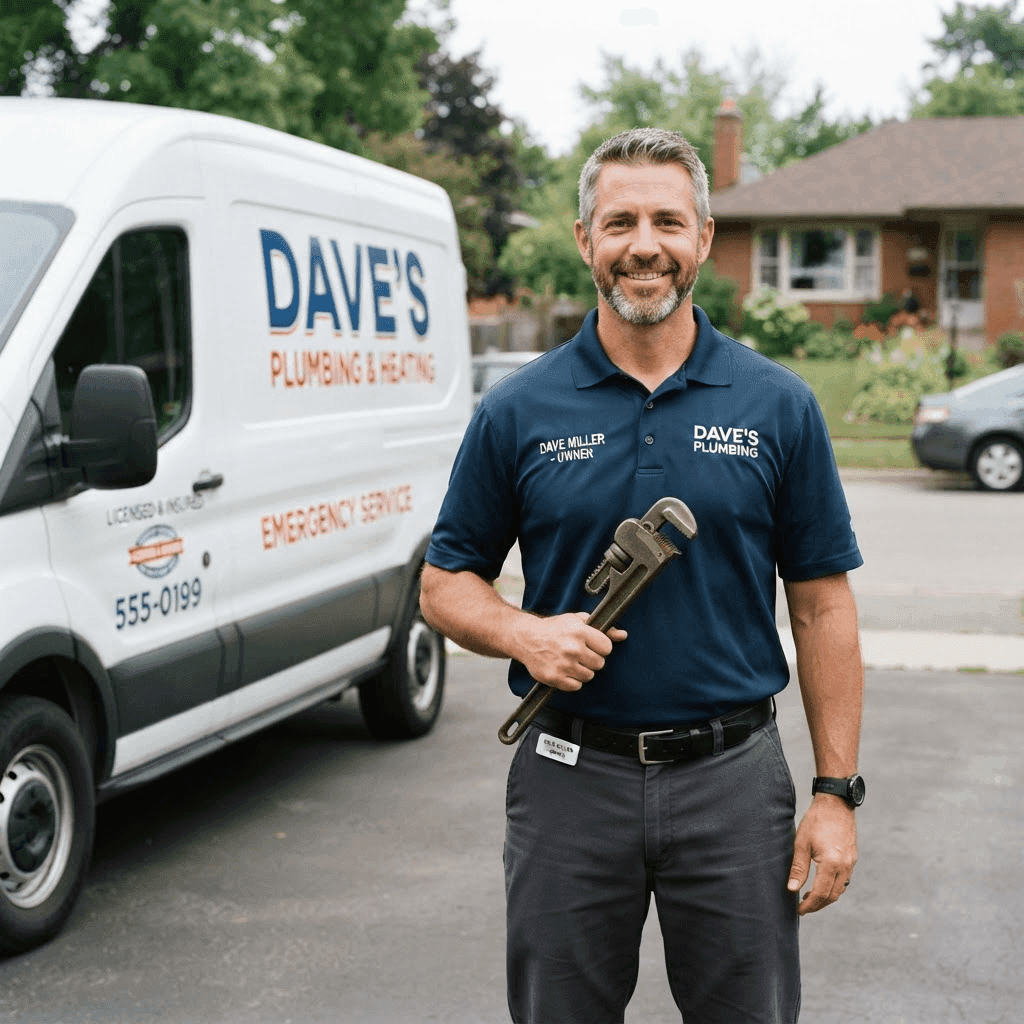 Plumbing business owner next to a branded service van